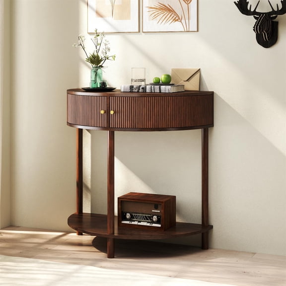Spaco Artisan Demi-Lune Console Table, Wave-Pattern & Brown Woodgrain, 2 Drawers, Versatile Home Decor, Brown