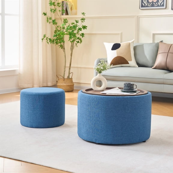 Spaco Ball & Cast Nesting Storage Ottomans Set of 2, Linen Upholstered Footstool with Wooden Tray, 22.75" Round Coffee Table & Bench, Blue