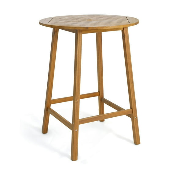 Spaco Bar Height Table with Umbrella Hole and Slatted Tabletop, Patio Table with Adjustable Foot Pads, Bar Table with Wide Tabletop and Umbrella Hole for Outdoors, Natural