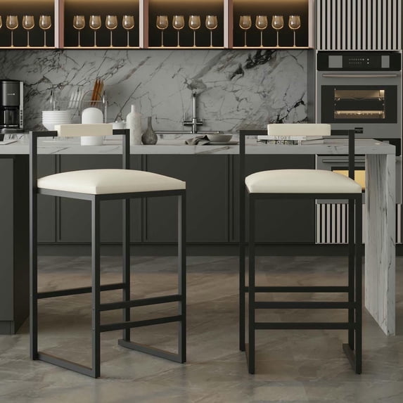 Spaco Bar Stools Set of 2, Bar Stools with Backrest, Counter Height PU Leather Upholstered Bar Chairs with Footrest, Dining Chairs for Indoor, Beige