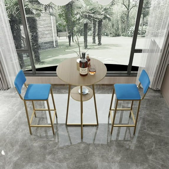 Spaco Bar Table and Chairs Three Piece Set, Sponge Made Seat Cushions and Backrests, Bar Table with Storage Function and Gold Frame, Bar Chair with Brown Tabletop and Blue Cushion, Blue