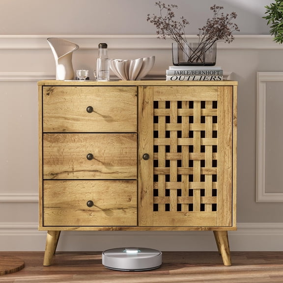 Spaco Storage Cabinet with Basket Weave Doors, 3 Drawers, Coffee Bar & Adjustable Shelves, Retro Sideboard