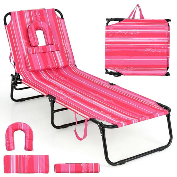 Spaco Beach Chaise Lounge Chair with Face Hole and Removable Pillow, Seating & Patio Chair for Outdoor as Garden, Yard, Hot Pink