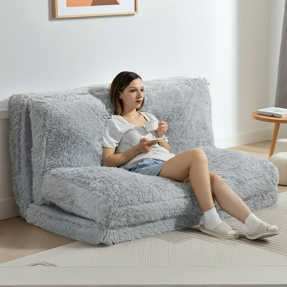 Spaco Bean Bag Floor Sofa Bed, Versatile Folding Mattress, Contemporary Plush Wide Sofa Bed, Foam Filling Wall Couch Sleeper for Indoor as Living Room, Bedroom, Light Gray