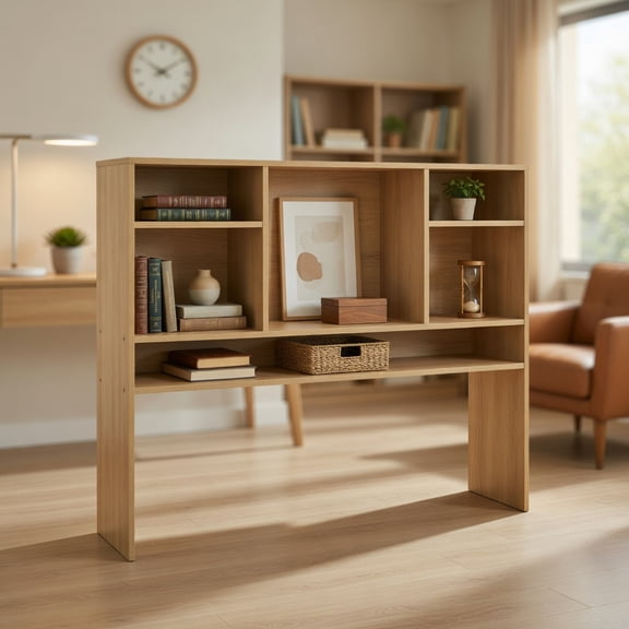 Spaco Beige Computer Desktop Bookcase with 4 Cubbies & Open Back Compartment, Under-Desk Storage for Home Office