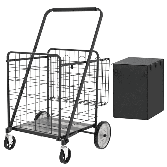 Spaco Bigger Super Jumbo Shopping Cart,Grocery Cart on Wheels, Foldable Utility Shopping Carts with Double Basket and 360° Rolling Swivel Wheels for Outdoor as Garden, Patio, Yard, Black