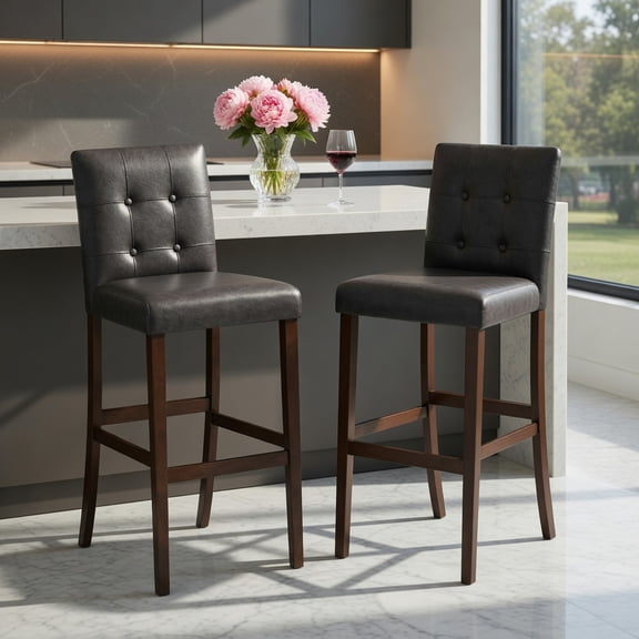 Spaco Black 29 Inch PVC Leather Bar Stools Set of 2 with Solid Wood Legs, Waterproof Padded Bar Chairs for Kitchen Island Home Pub
