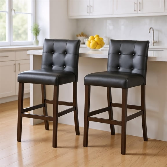 Spaco Black 29 Inch PVC Leather Bar Stools Set of 2 with Solid Wood Legs, Waterproof Padded Bar Chairs for Kitchen Island Home Pub
