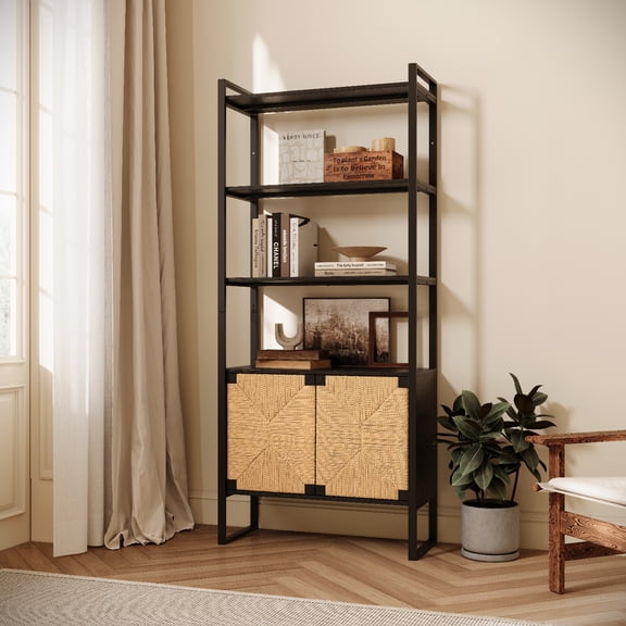 Spaco Black+Brown Natural Rattan Door Storage Bookshelf, Open Display Rack for Living Room & Entryway
