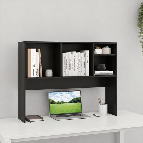 Spaco Black Computer Desktop Bookcase with 4 Cubbies & Open Back Compartment, Under-Desk Storage for Home Office