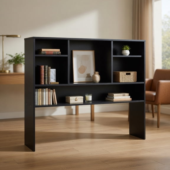 Spaco Black Computer Desktop Bookcase with 4 Cubbies & Open Back Compartment, Under-Desk Storage for Home Office