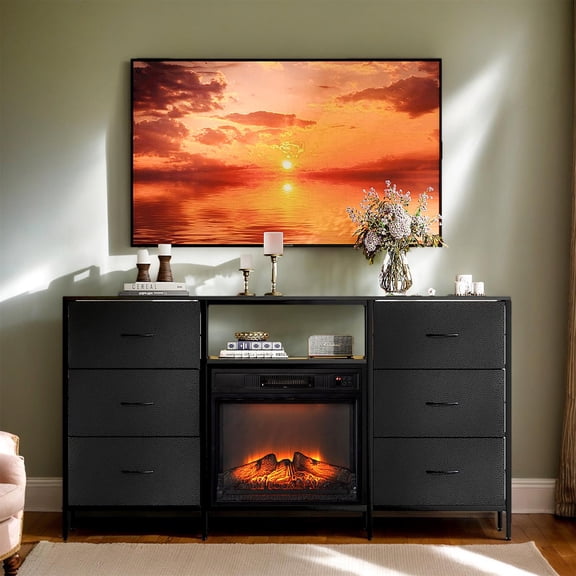 Spaco Black Embossed Fireplace TV Stand with 18-Inch Insert, Iron-Wood Frame, 6 Soft-Closing Fabric Drawers & RGB Lights, Durable & Stylish Entertainment Center, Black