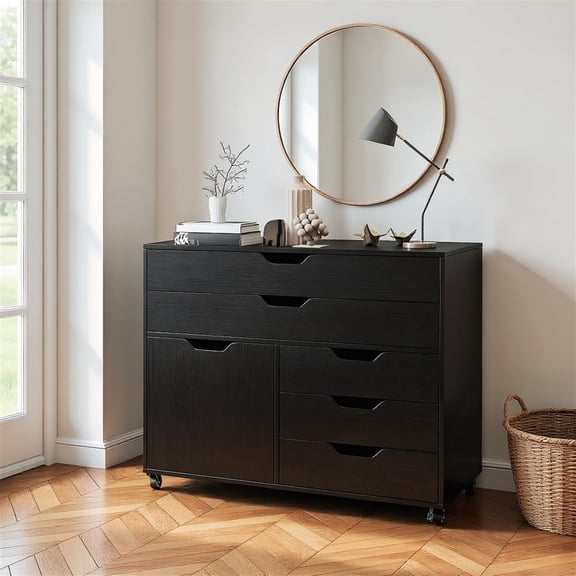 Spaco Black Modern Vertical 5-Drawer Mobile Storage Chest with Door, 5 Casters for Easy Movement Home Office