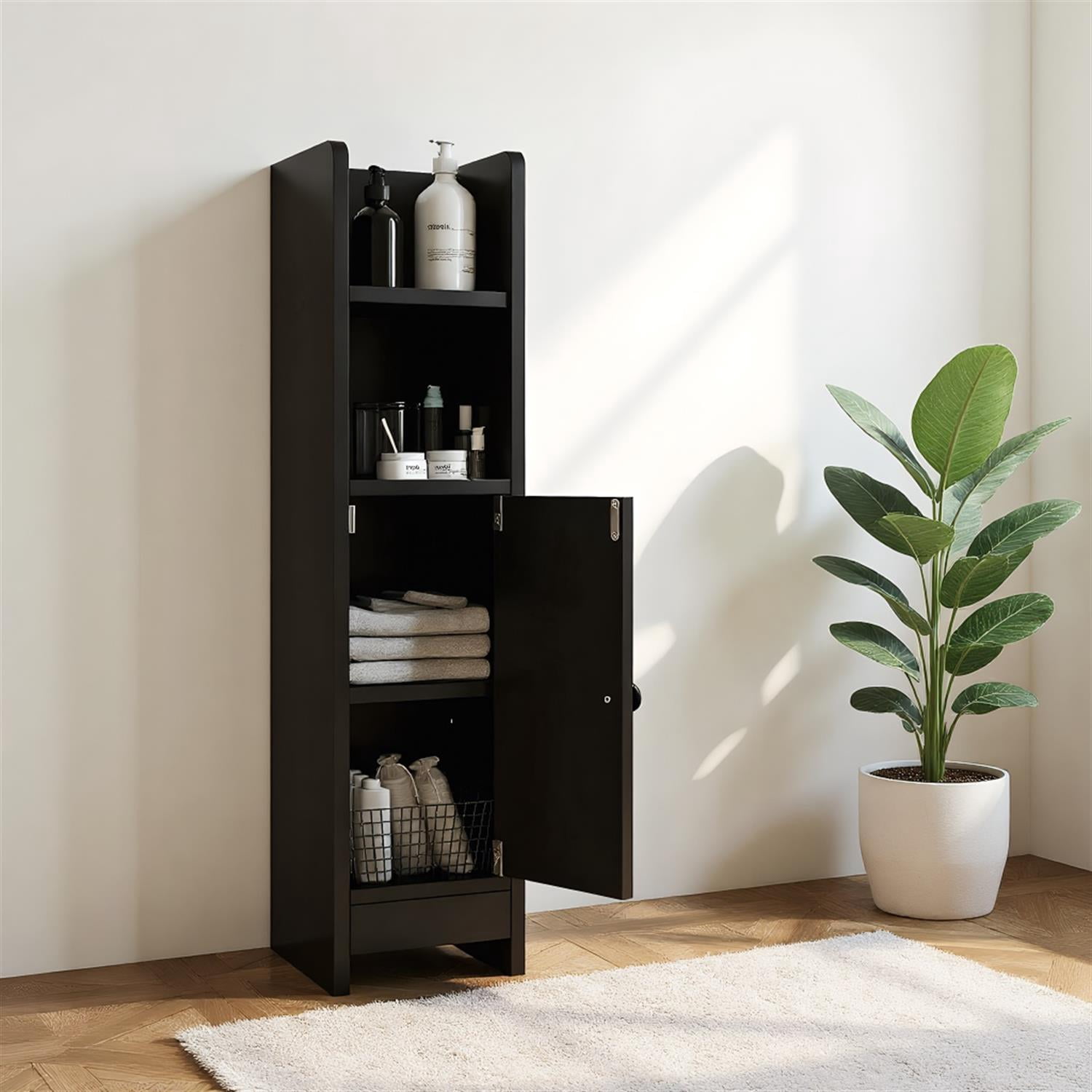 Spaco Black Slim Bathroom Corner Cabinet, 1 Door & Adjustable Shelves with Fall Guard