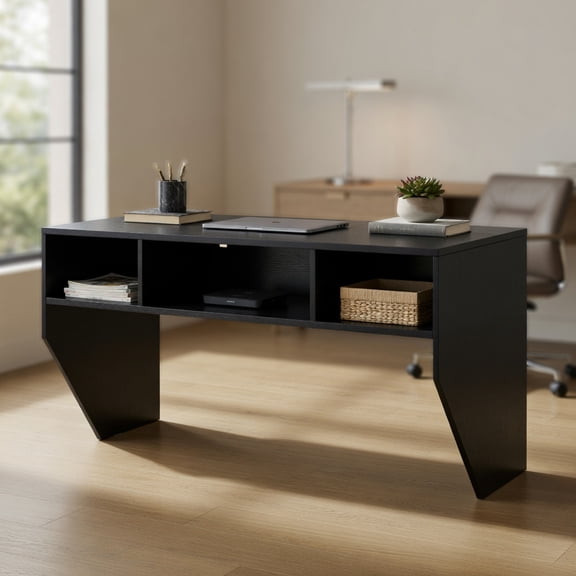 Spaco Black Wall-Mounted Floating Laptop Desk with 3 Storage Cubbies, Compact Space-Saving Table for Home Office Bedroom, Durable Modern Style