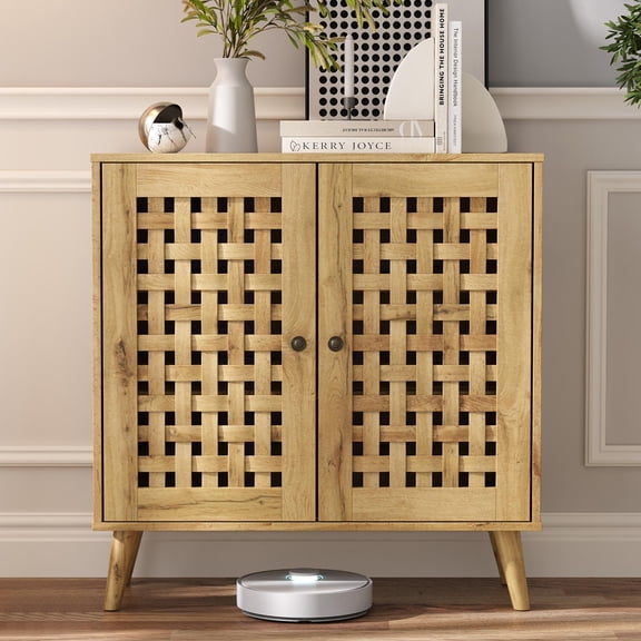 Spaco Boho Rattan Storage Cabinet with 2 Drawers & 2 Shelves, Multipurpose Organizer for Living Room & Entryway