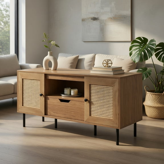 Spaco Boho Style TV Stand, 60" TV Compatible, PE Rattan Finish, Storage Cabinets & Single Drawer, Natural (Brown)
