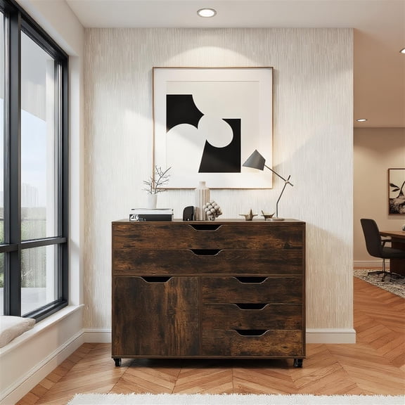 Spaco Brown Modern Vertical 5-Drawer Mobile Storage Chest with Door, 5 Casters for Easy Movement Home Office