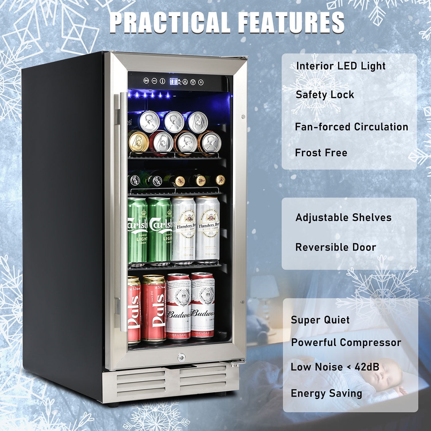 Spaco Built-in and Freestanding 15" Mini Beverage Refrigerator/Wine Cabinet, 120 Cans, Adjustable Shelves, Black and Silver Spaco Built-in and Freestanding 15" Mini Beverage Refrigerator/Wine Cabinet, 120 Cans, Adjustable Shelves, Black and Silver