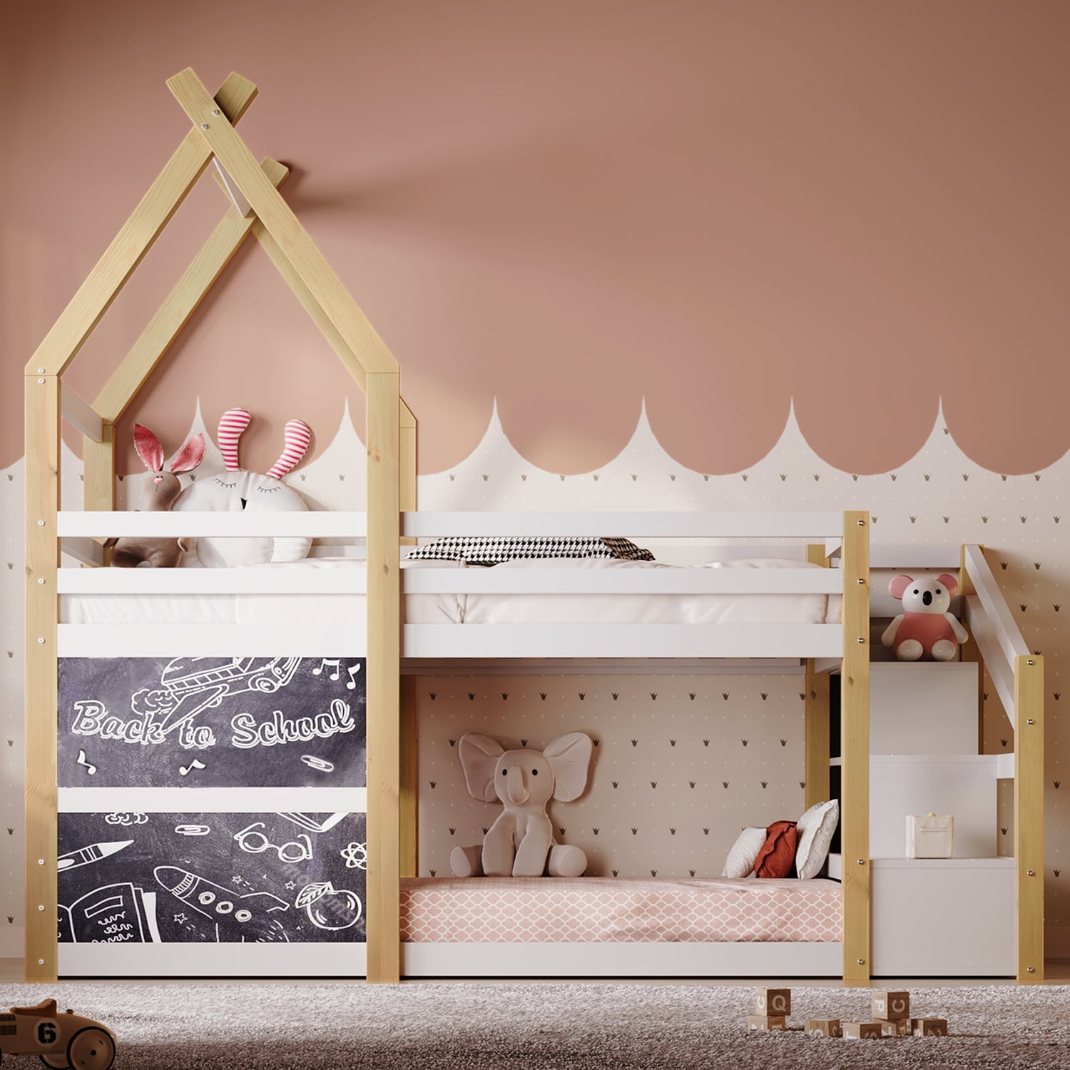 Spaco Bunk Bed Frame with Storage Stairs, House Bunk Bed Twin Over Twin for Boys Girls, Kids, White and Natural Spaco Bunk Bed Frame with Storage Stairs, House Bunk Bed Twin Over Twin for Boys Girls, Kids, White and Natural