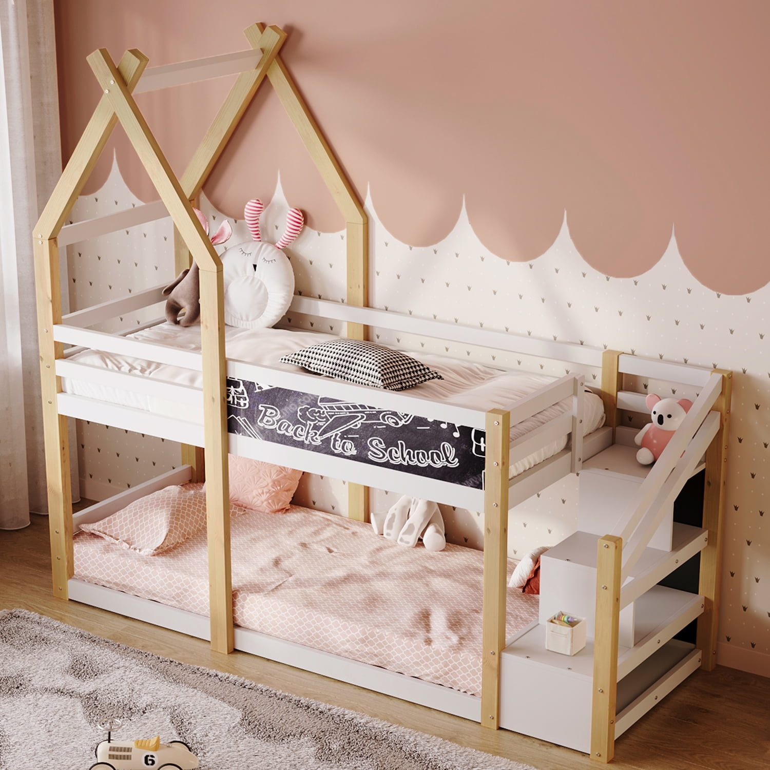Spaco Bunk Bed Frame with Storage Stairs, House Bunk Bed Twin Over Twin for Boys Girls, Kids, White and Natural Spaco Bunk Bed Frame with Storage Stairs, House Bunk Bed Twin Over Twin for Boys Girls, Kids, White and Natural
