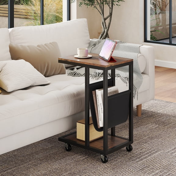 Spaco C-Shaped Metal Frame Side Table, Canvas Storage Pouch, 4 Universal Rolling Casters, Brown