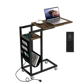 Spaco C-shaped End Table, Side Table with Charging Station and Retractable Tabletop, Coffee