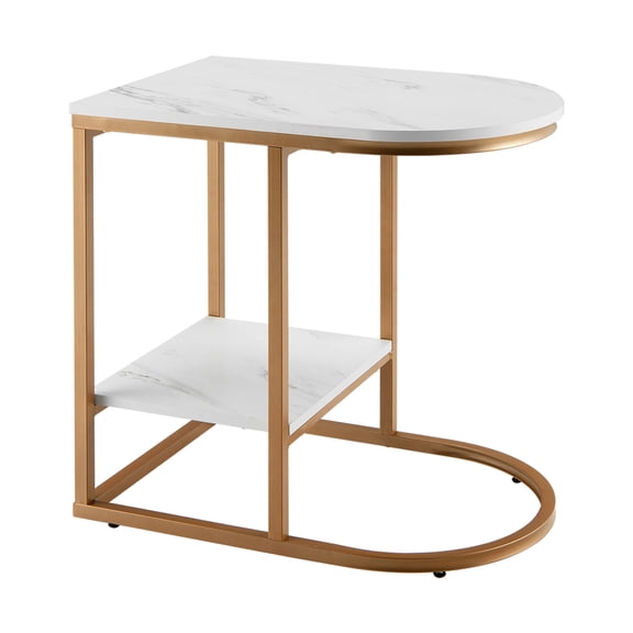 Spaco C-shaped Side Table with Faux Marble Tabletop and Golden Steel Frame-White, Nightstand Small Side Table, End Table for Bedroom Living Room
