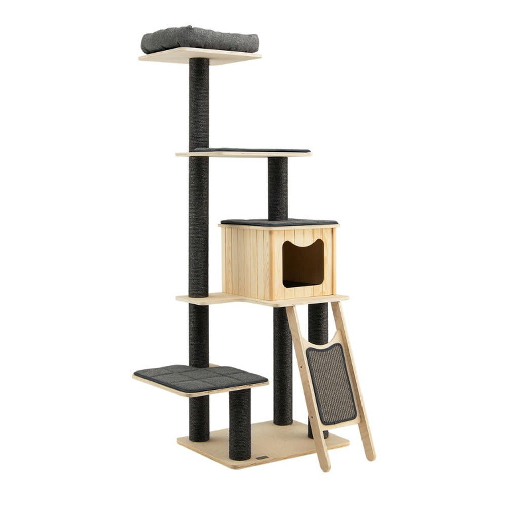 Spaco Cat Tree, 55-Tier Modern Wood Cat Tower with Washable Cushions-Gray, Cat House with Platform Bed, Large Cozy Condo
