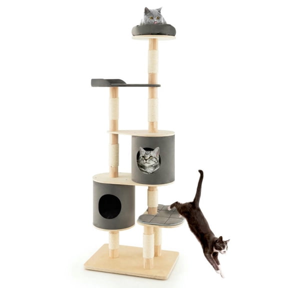 Spaco Cat Tree, 56-Tier Wooden Cat Tree with 2 Removeable Condos Platforms and Perch-Gray, Cat House with Platform Bed, Large Cozy Condo