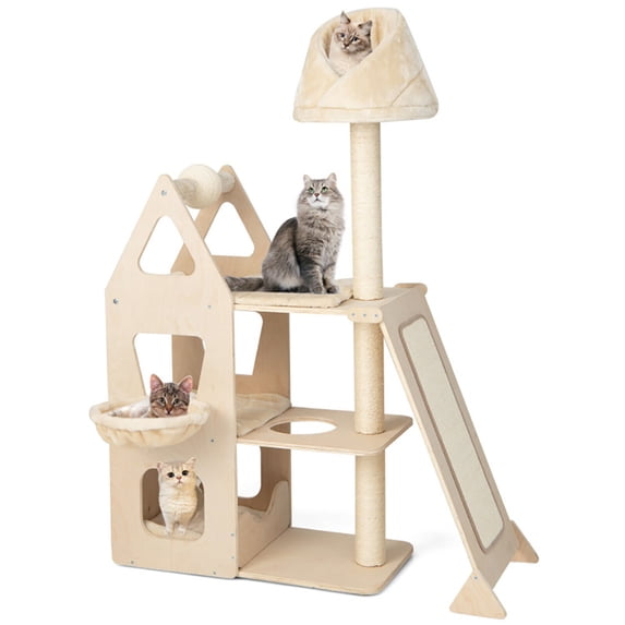 Spaco Cat Tree, 5Multi-Level Cat Tree with Sisal Scratching Post-Beige, Cat House with Platform Bed, Large Cozy Condo