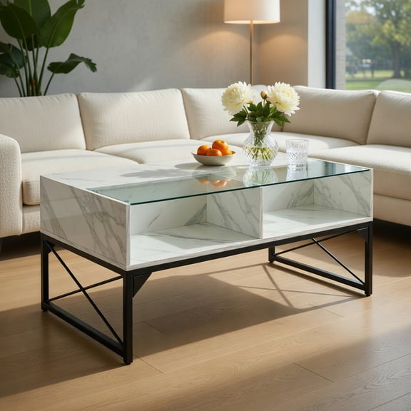 Spaco Center Table with Faux Marble and Tempered Glass Top-White, Tea Table