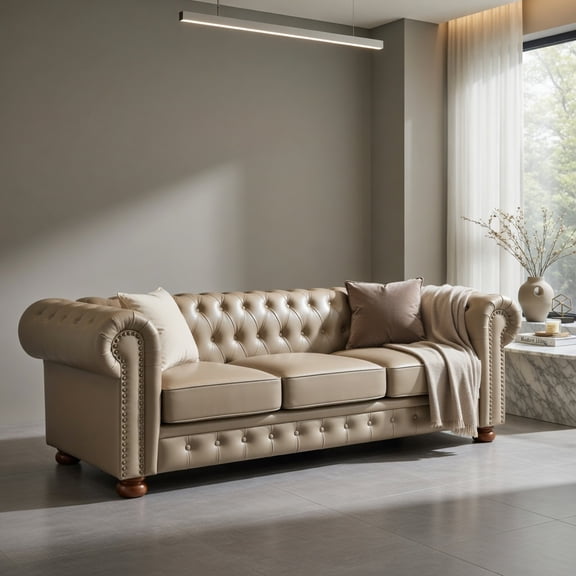 Spaco Classic Chesterfield 3-Seater Sofa, Breathable Faux Leather Tufted Couch with Nailhead Trim, Pocket Spring Cushions & Solid Wood Legs for Living Room, Brown