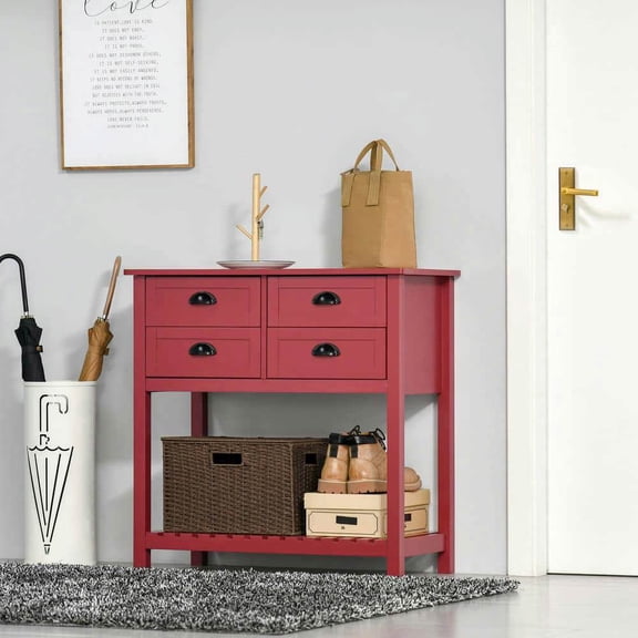 Spaco Coffee Bar Cabinet with 4 Drawers and Slatted Bottom Shelf, Kitchen Cabinet, Sideboard Buffet Cabinet for Indoor as Kitchen, Bar, Dining Room, Red