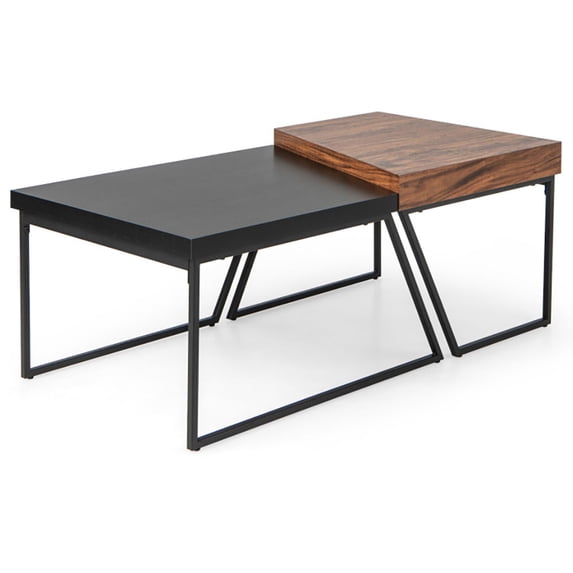 Spaco Coffee Table Set of 2 with Powder Coated Metal Legs-Black, Modern Coffee Table for Living Room Office Reception