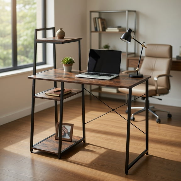 Spaco Compact Computer Desk Workstation with 4 Tier Shelves for Home and Office-Brown, Office Desk, Gaming Computer Desks for Study,Working,Writing