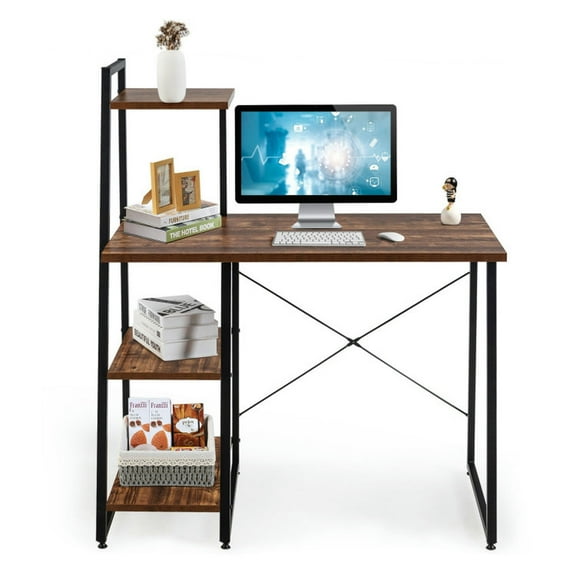Spaco Compact Computer Desk Workstation with 4 Tier Shelves for Home and Office-Brown, Office Desk, Gaming Computer Desks for Study,Working,Writing