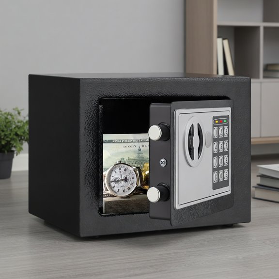 Spaco Compact Home Safe with Dual Access, Key & Custom Password Lock, 0.23 cu ft Mini Security Cabinet for Cash, Cards, Documents, Travel & Office Use, Black