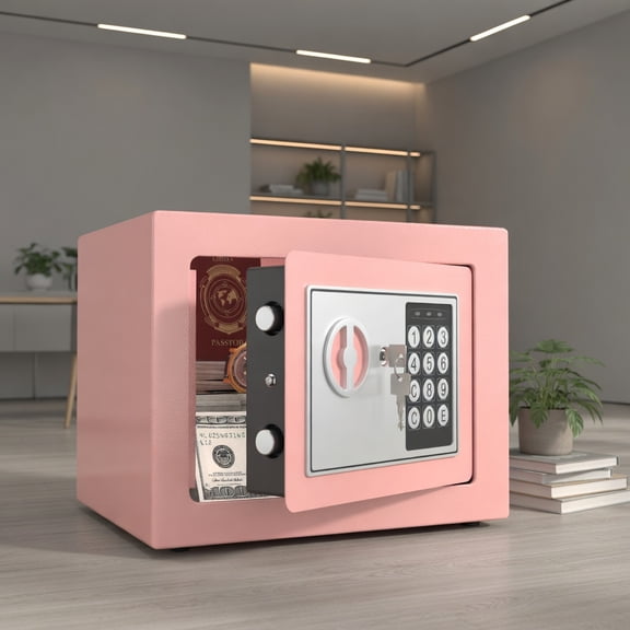Spaco Compact Home Safe with Dual Access, Key & Custom Password Lock, 0.23 cu ft Mini Security Cabinet for Cash, Cards, Documents, Travel & Office Use, Pink