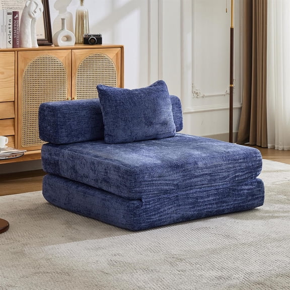 Spaco Compression Sectional Sofa, Convertible Floor Couch Bed with Fixed-Shape Frame, Chenille Single Seater Boneless Modular Couches for Living Room, Bedroom, Blue