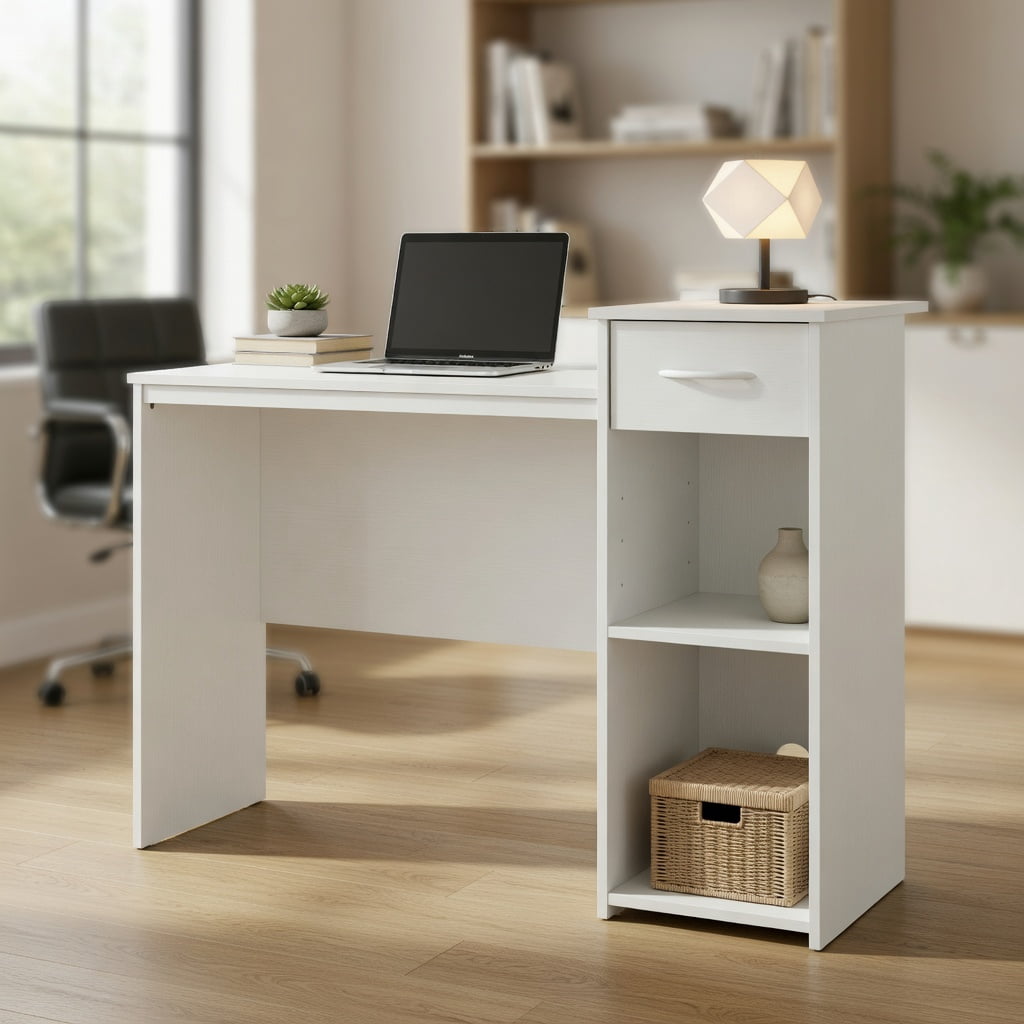 Spaco Computer Desk with Drawer Modern Laptop PC Desk with Adjustable Shelf and Cable Hole-White, Office Desk, Gaming Computer Desks for Study,Working,Writing