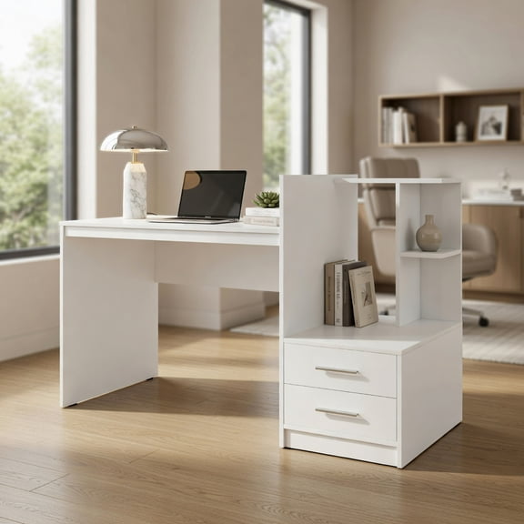 Spaco Computer Desk Home Office with Bookshelf and Drawers-White, Office Desk, Gaming Computer Desks for Study,Working,Writing