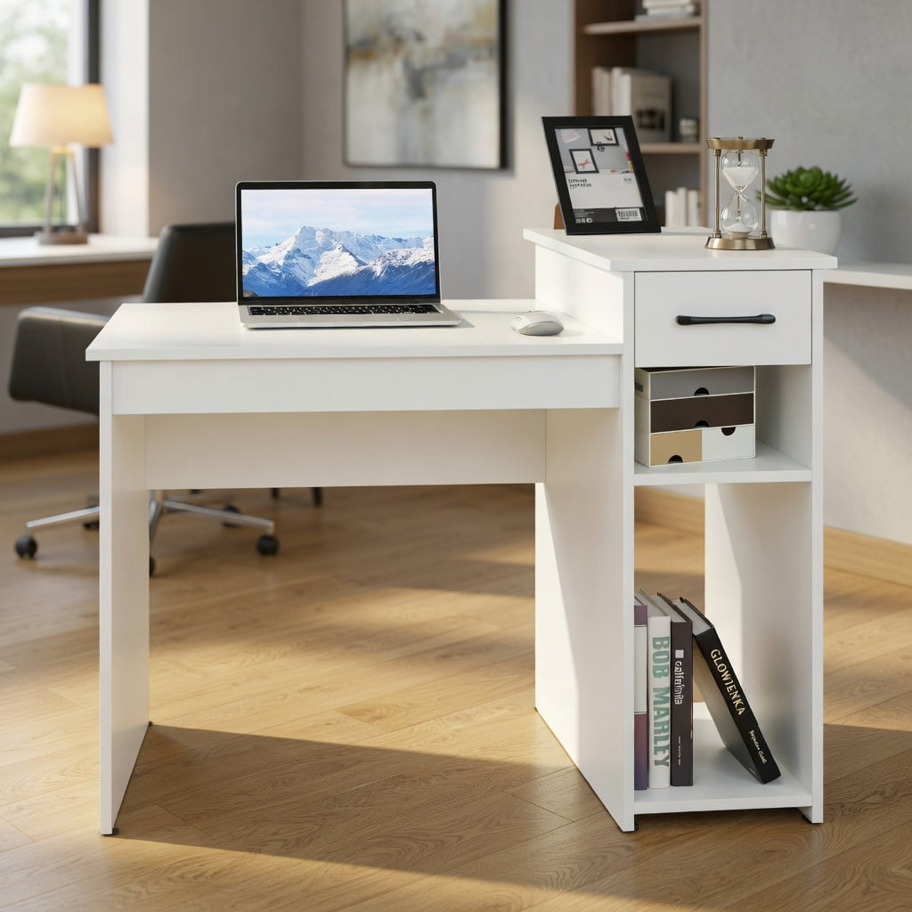 Spaco Computer Desk PC Laptop Table with Drawer and Shelf-White, Office Desk, Gaming Computer Desks for Study,Working,Writing