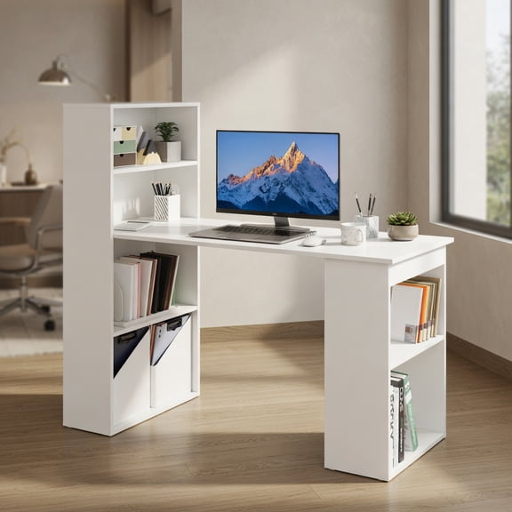 Spaco Computer Desk Writing Workstation Office with 6-Tier Storage Shelves-White, Office Desk, Gaming Computer Desks for Study,Working,Writing