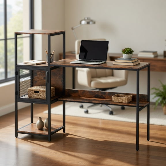 Spaco Computer Desk with Bookshelf - Metal Frame Mesh Storage Cabinet, Home Office Storage Shelves, Rustic Brown