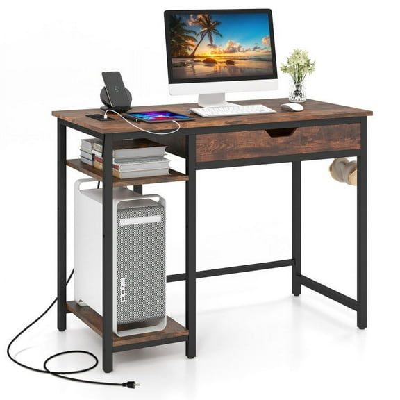 Spaco Computer Desk with Charging Station and Drawer & Adjustable Shelf-Rustic Brown, Office Desk, Gaming Computer Desks for Study,Working,Writing