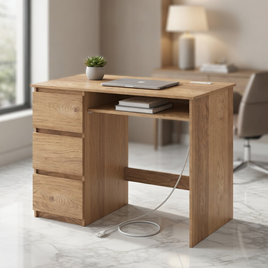 Spaco Computer Desk with Power Outlet Keyboard Tray and 3 Large Drawers-Natural,