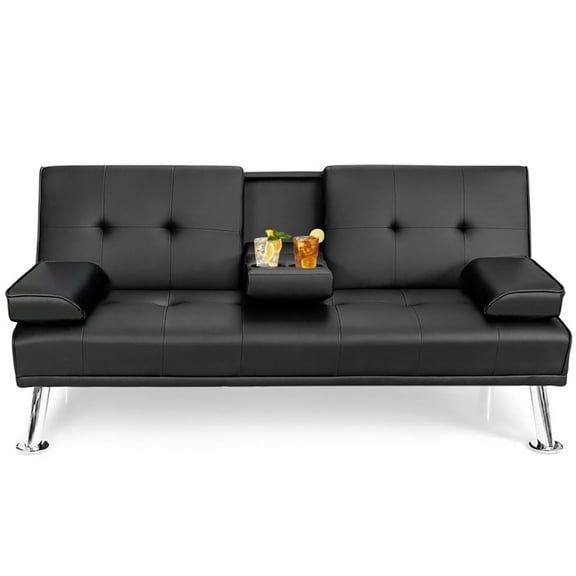 Spaco Convertible Folding Leather Futon Sofa with Cup Holders and Armrests-Black, Couch for Living Room, Loveseat Sofa for Small Spaces, Living Room, Office, Soft Couch Easy to Install