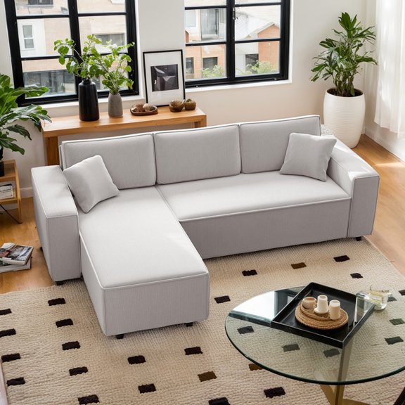 Spaco Corduroy L-Shaped Sectional Sofa, Corner Sofa with Reversible Chaise Lounge, Sectional Sofa with Pocket Spring for Indoor as Living Room, Bedroom, Light Gray