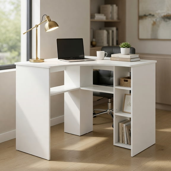Spaco Corner Computer Desk Triangle Home Office Desk with Adjustable Shelf and Arc-Shaped Profile-White, Office Desk, Gaming Computer Desks for Study,Working,Writing
